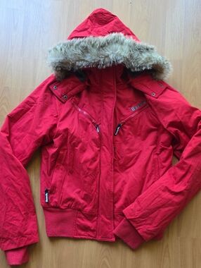 Bench Red Hooded Bomber Jacket with Faux Fur Trim